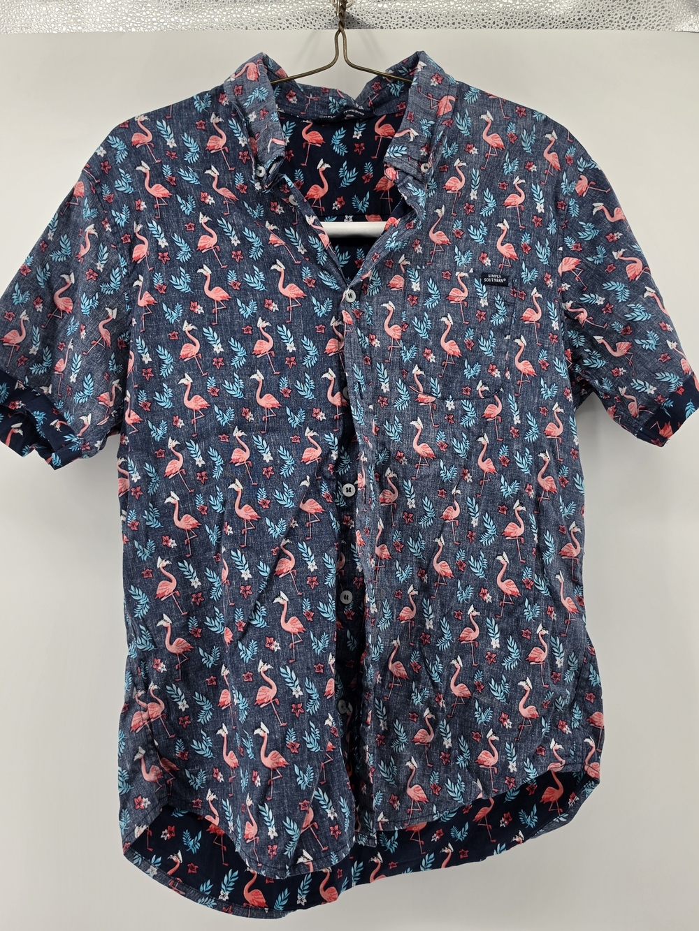 Simply Southern Mens Flamingo Party Beer Tropical Button Down Shirt Medium
